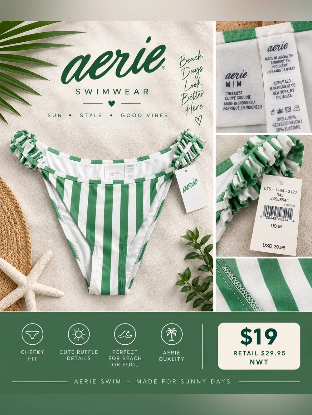 aerie Green & White Stripe Cheeky Bikini Bottom with Ruffle Sides
